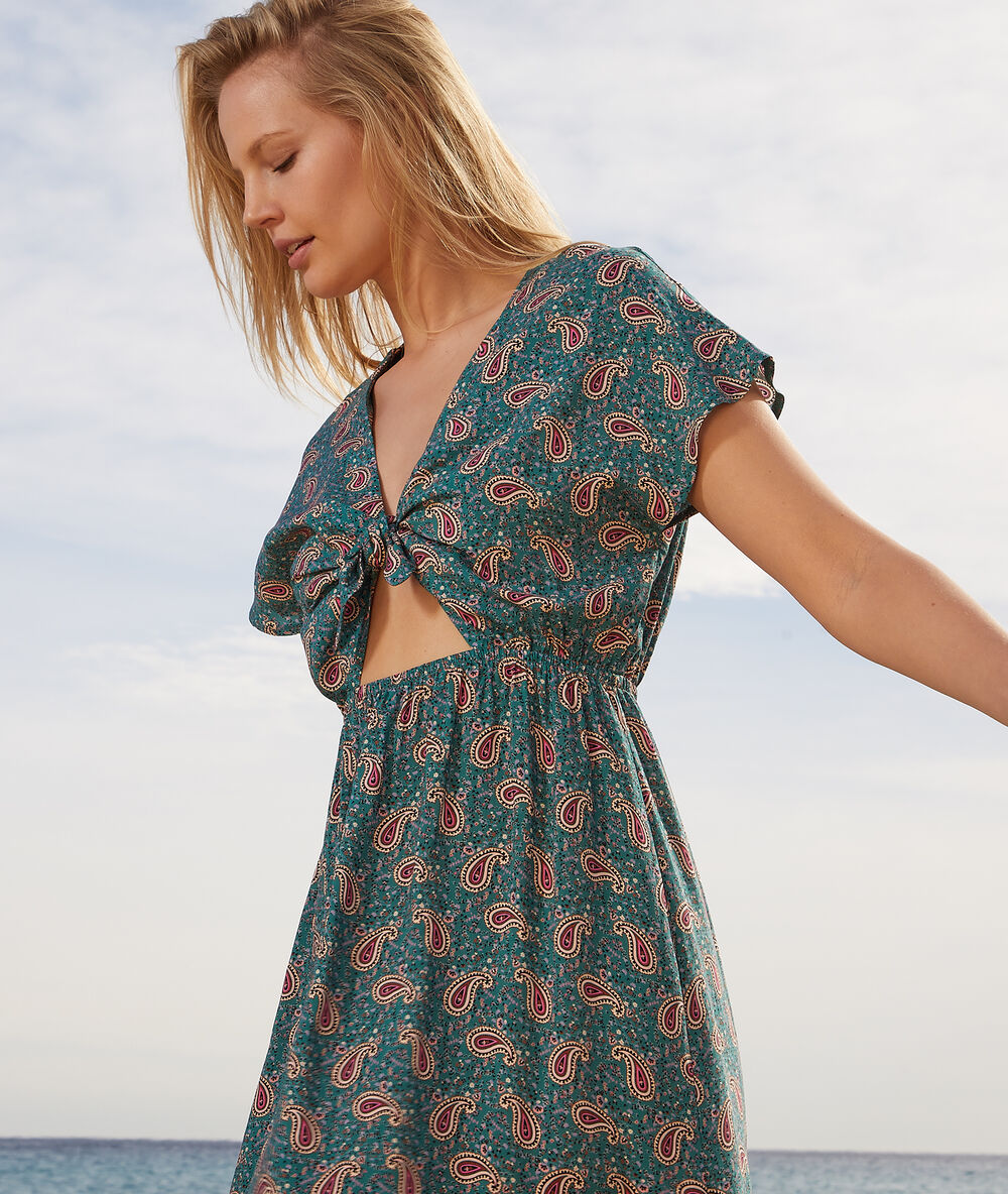 Robe longue décolleté noué imprimée sauge.