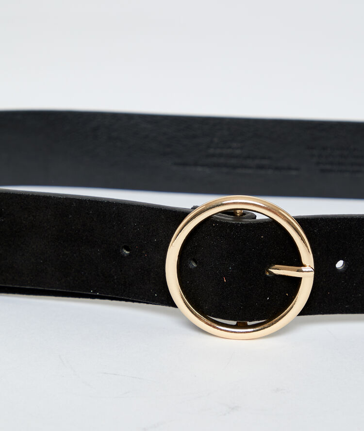 Ceinture boucle ronde en croûte de cuir noir.