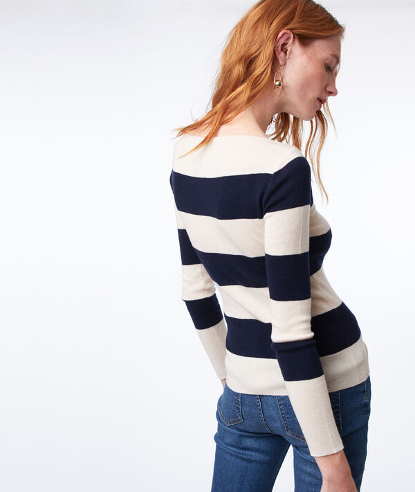 Pull à rayures en maille fine ecru.