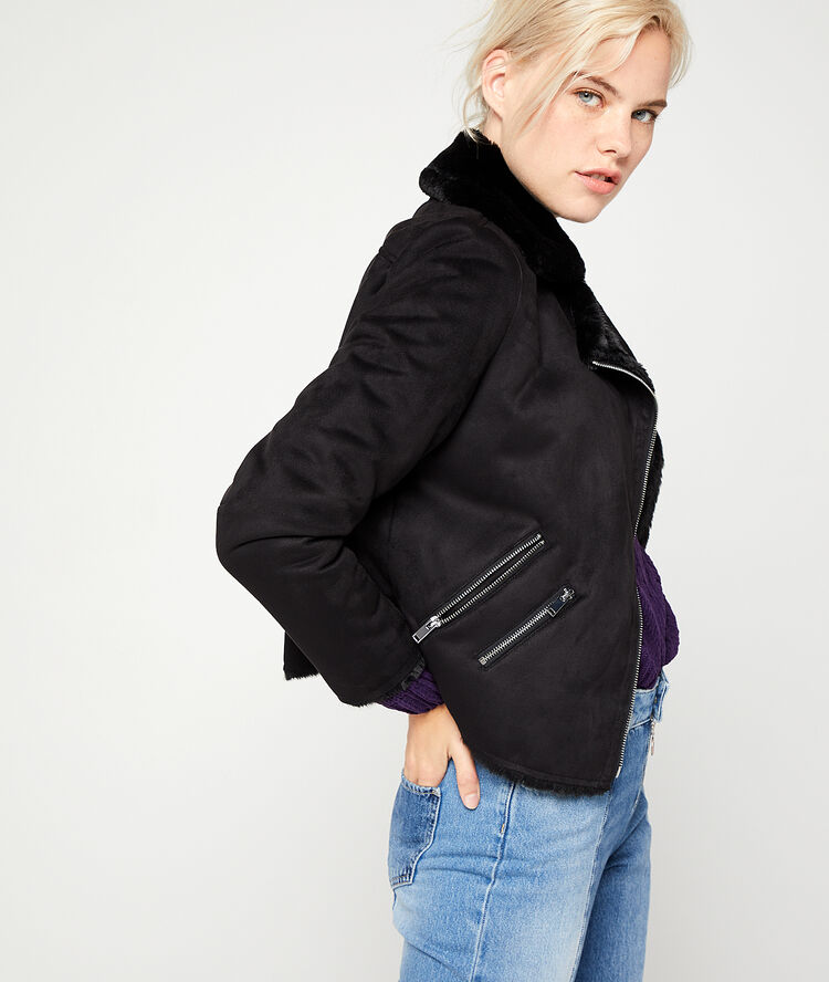 Blouson biker fourré noir.