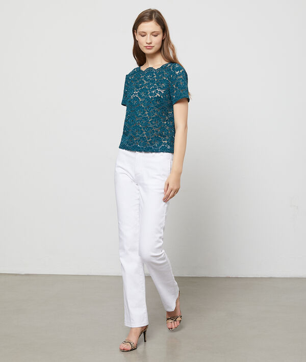 Top en dentelle florale bleu petrole.