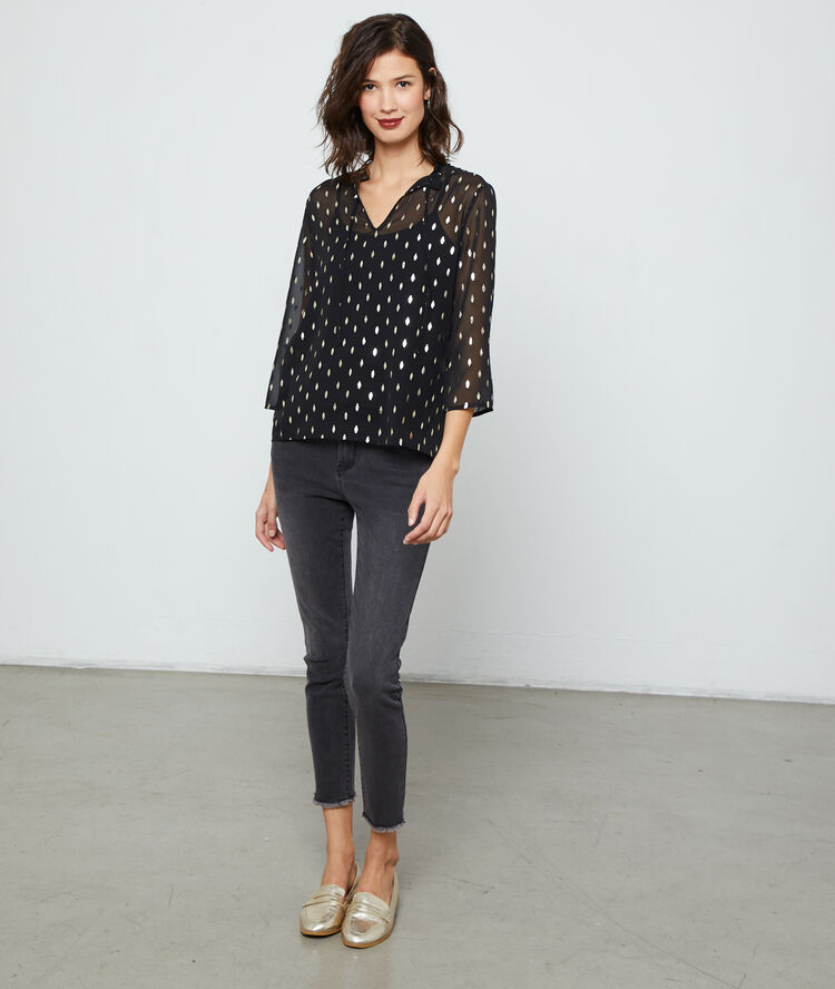 Blouse doublée à motifs plumes noir.