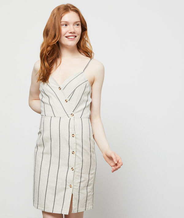 Robe cache-coeur à boutons en coton ecru.