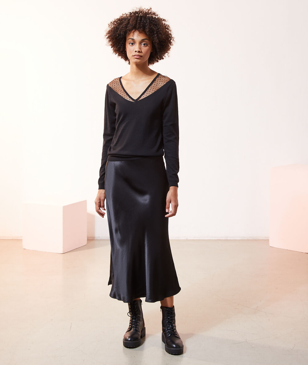 Pull mailles fines tulle plumetis noir.