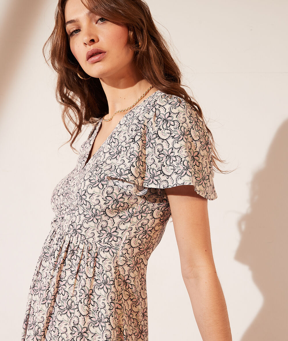 Robe midi dos ouvert motif fleuri ecru.
