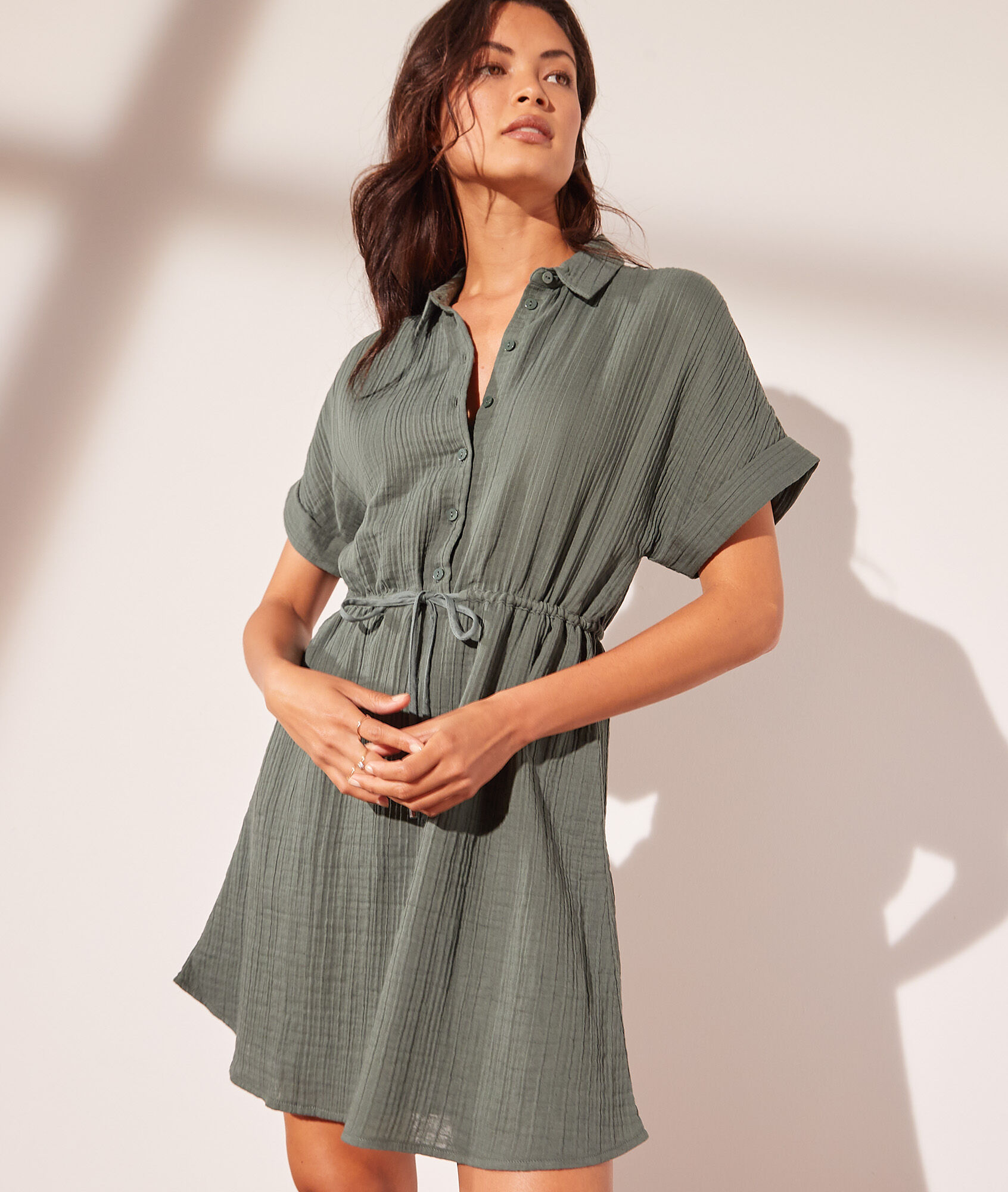 Robe chemise à nouer en gaze de coton - Lily - M - Vert - Femme - Etam