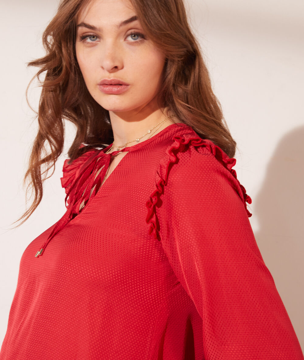 Blouse jacquard satinée à volants 2 en 1 - brassière intégrée fushia.