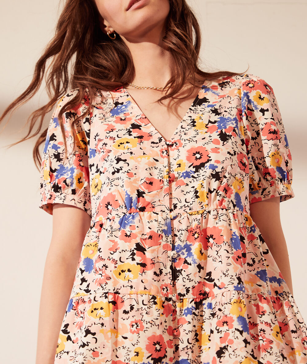 Robe évasée, manches ballon imprimé fleuri ecru.