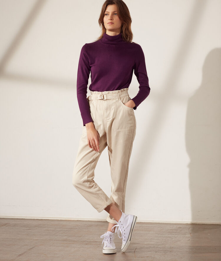 Pull fin col roulé prune.