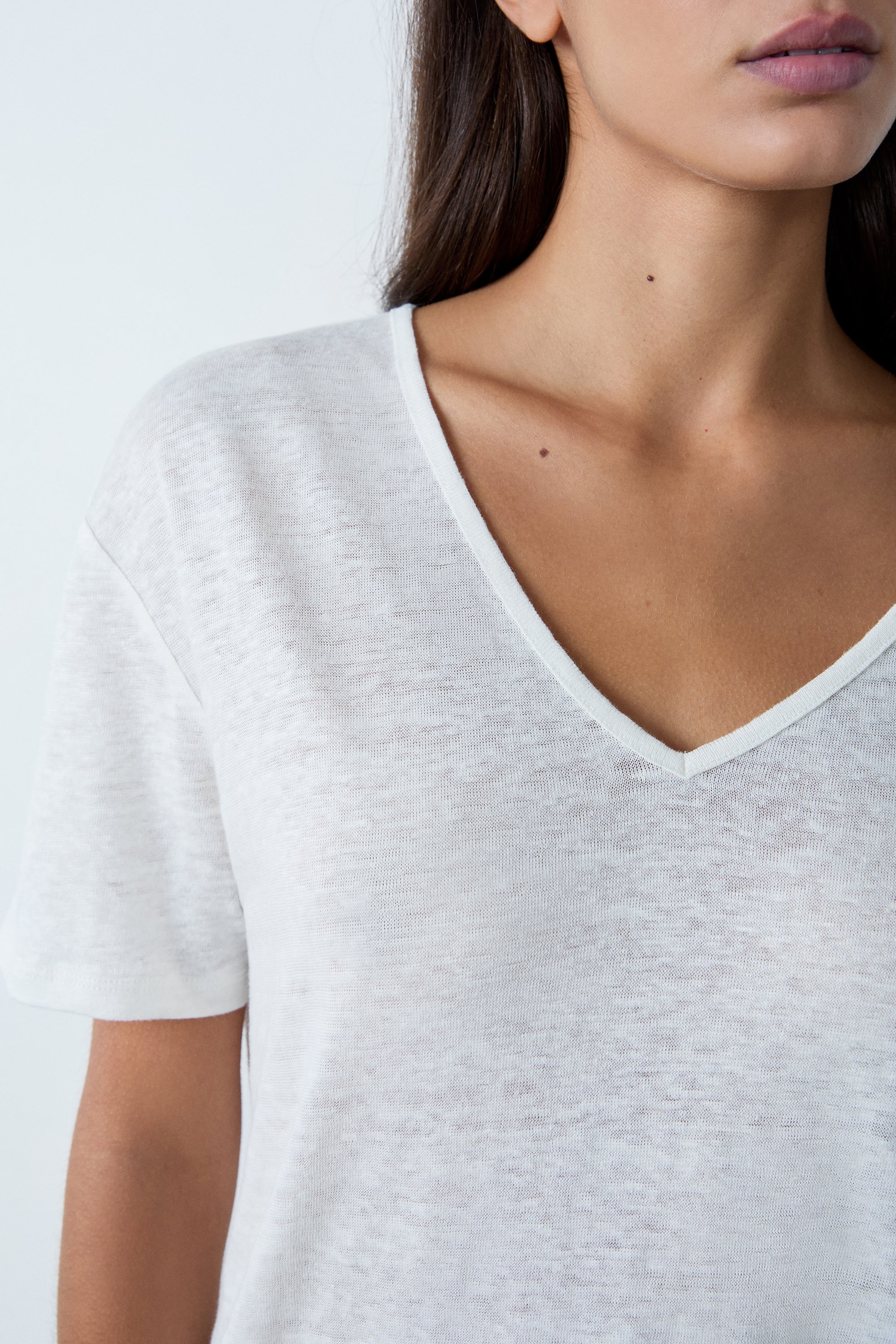 T-shirt col V 100% lin GANGA V BLANC ETAM