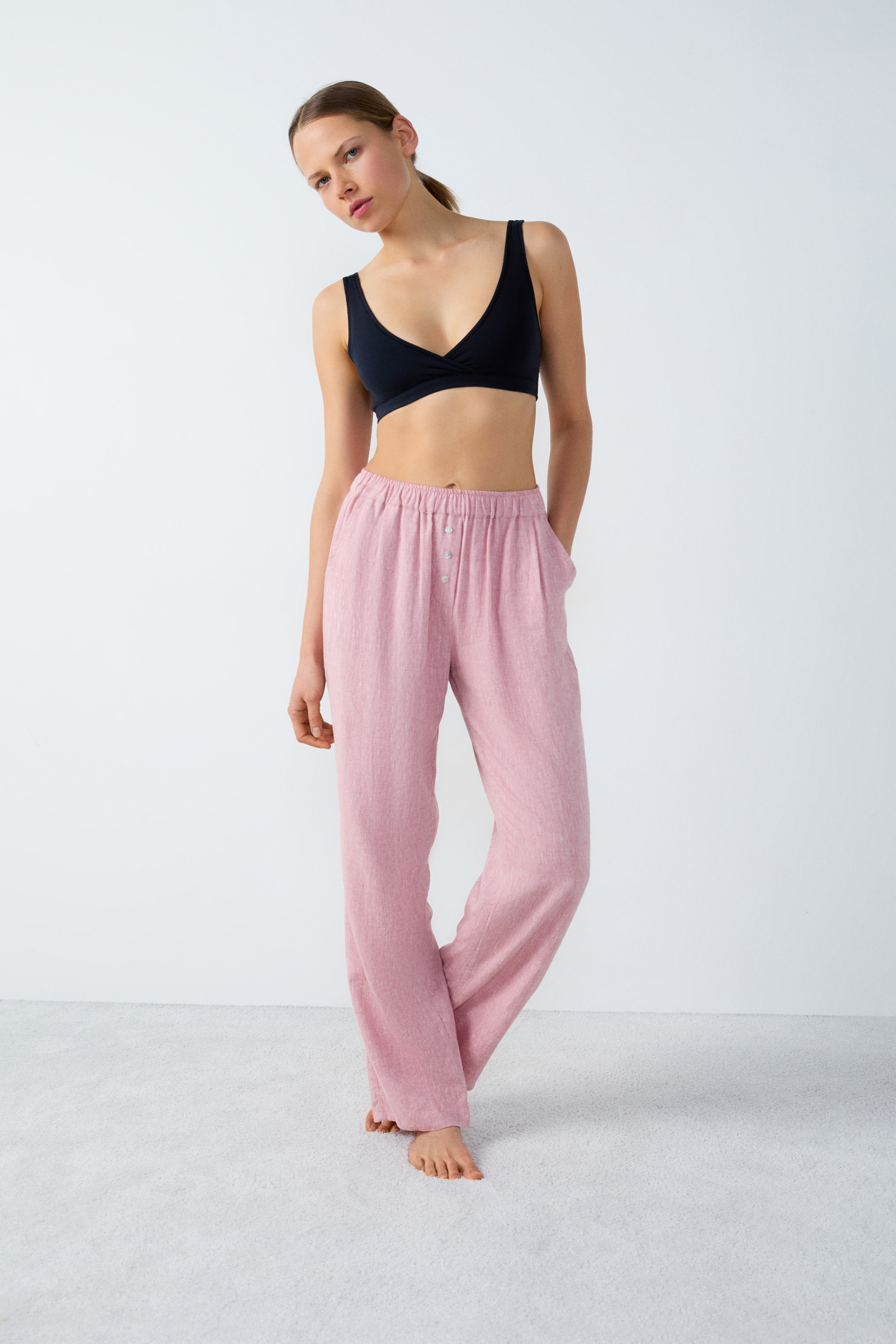 Pantalon de pyjama droit en lin ISAME ROSE POUDRE ETAM