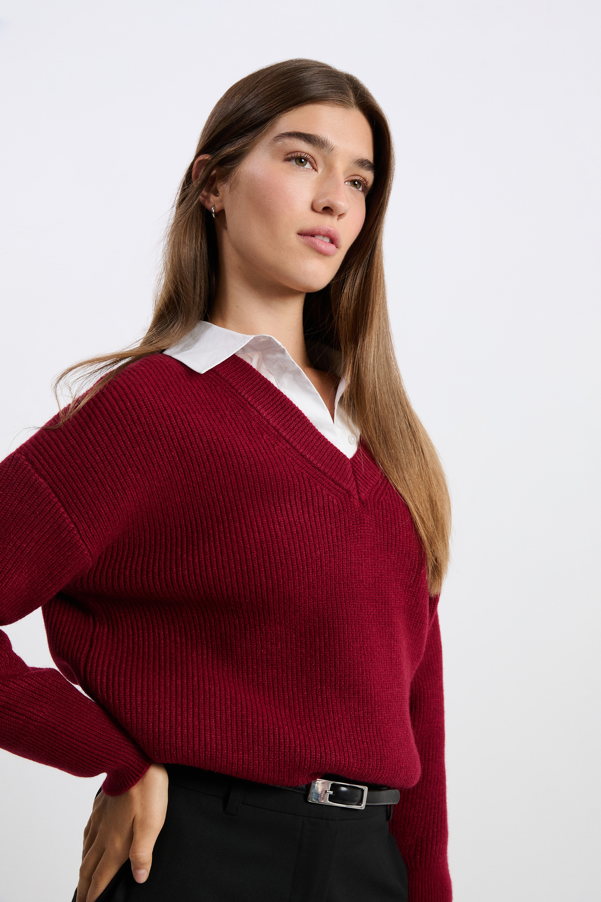 Pull col V manches longues LULU COL V BORDEAUX GRENAT ETAM