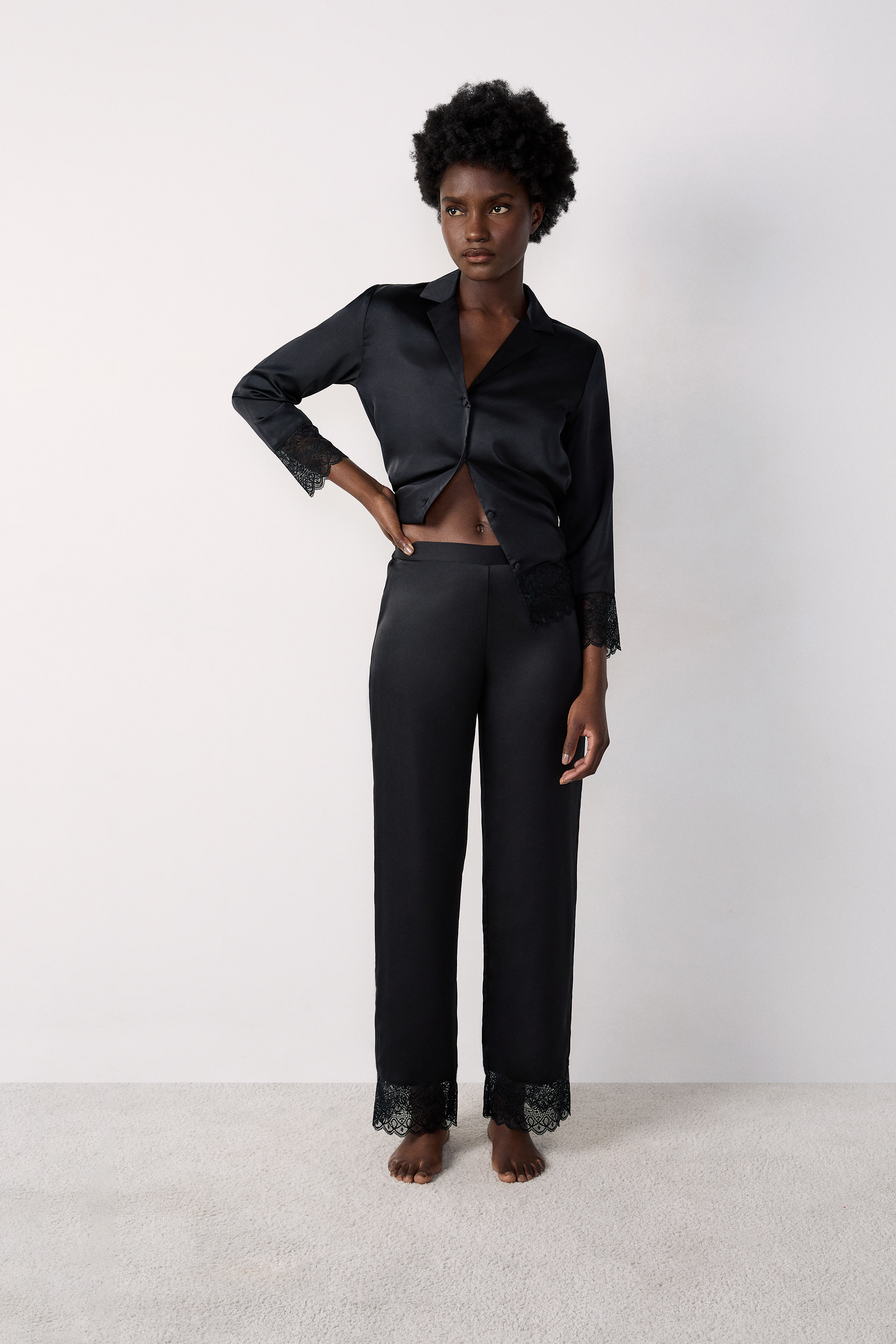 Pantalon de pyjama satiné détails dentelle RENCONTRE NOIR ETAM