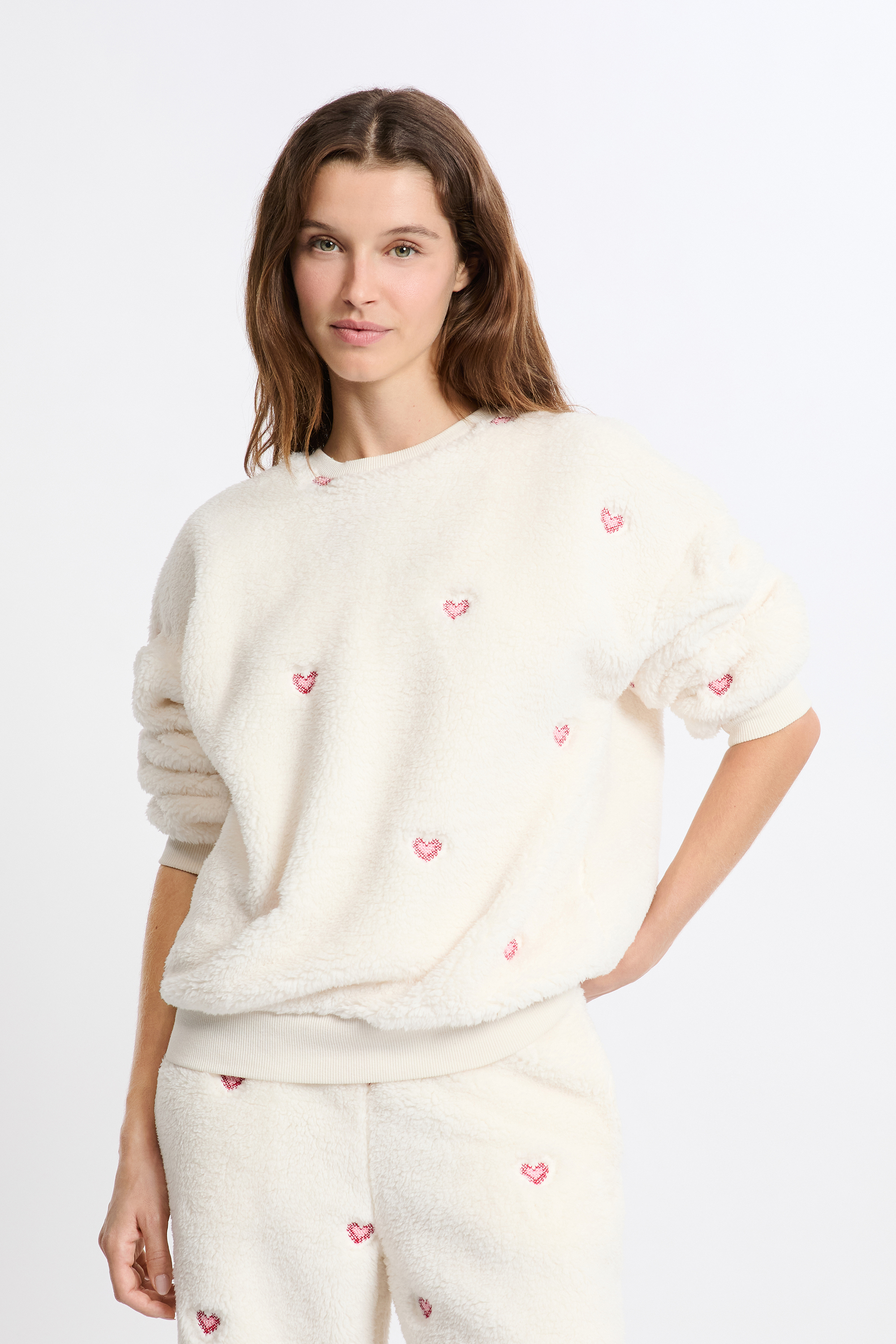Sweatshirt à motifs coeurs effet polaire MALIA ECRU ETAM