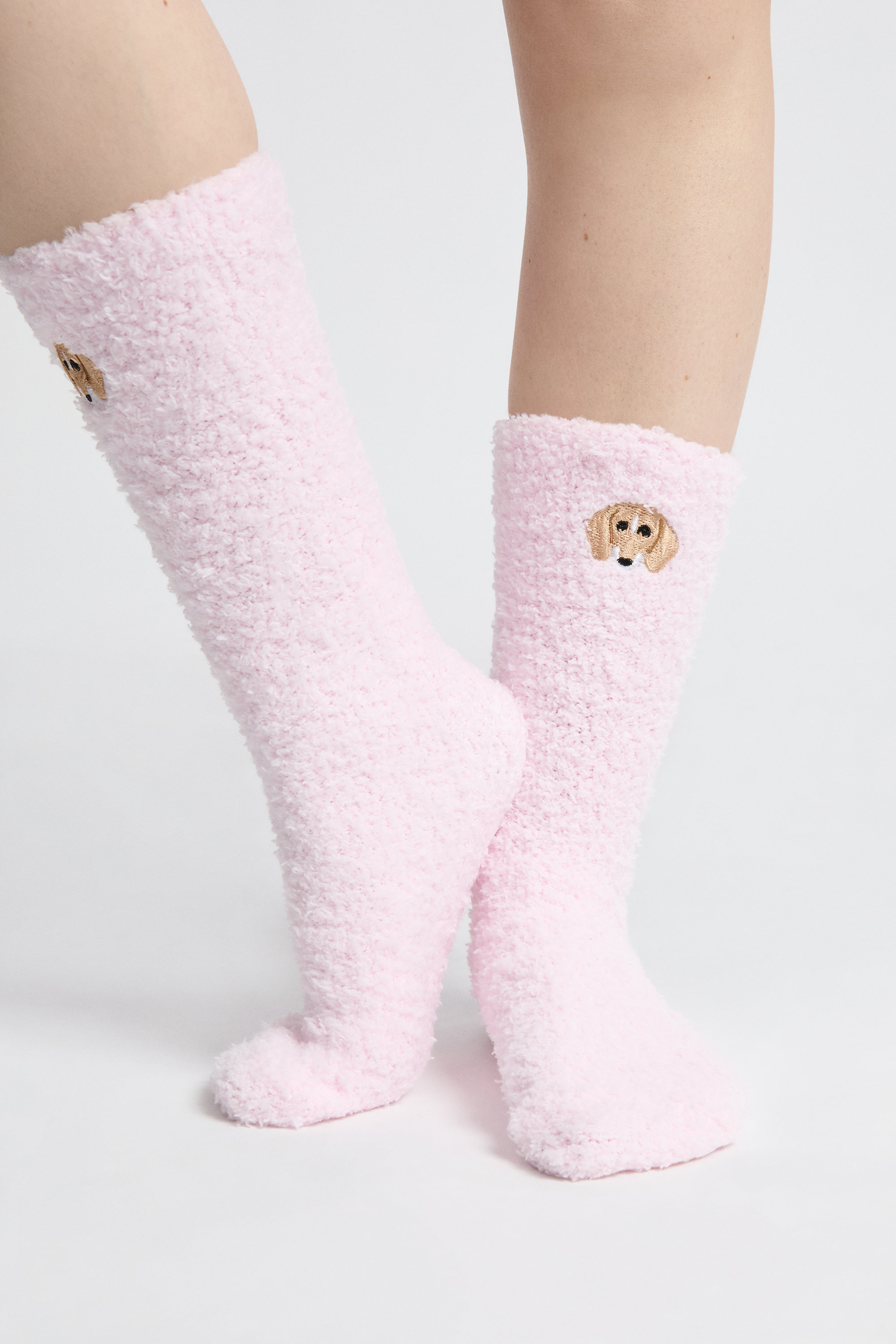 Chaussettes anti-dérapantes en fausse fourrure avec broderie teckel POLYESTER - ETAM