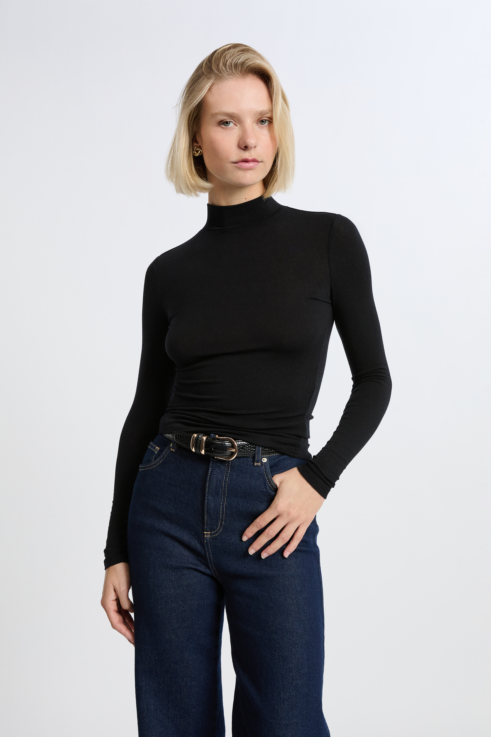 T-shirt manches longues col montant avec laine LAINE - ETAM