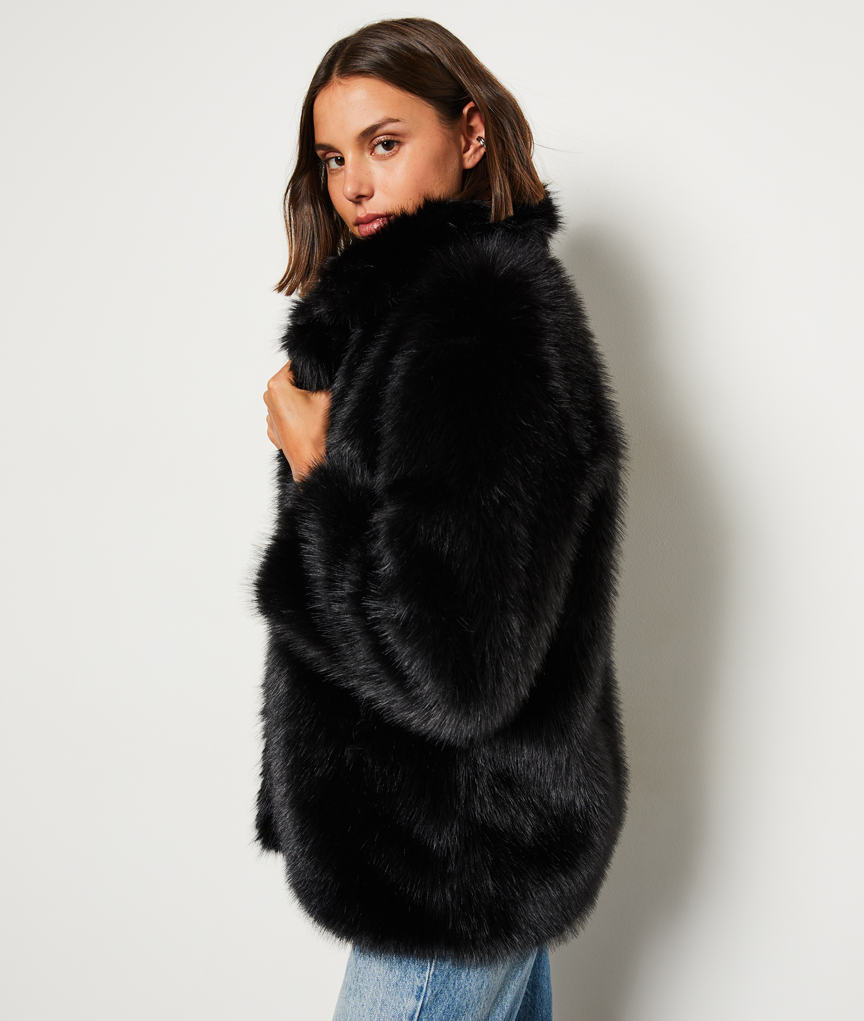 Manteau Fausse Veste Fourrure Courte Manteau Court Noir Fausse