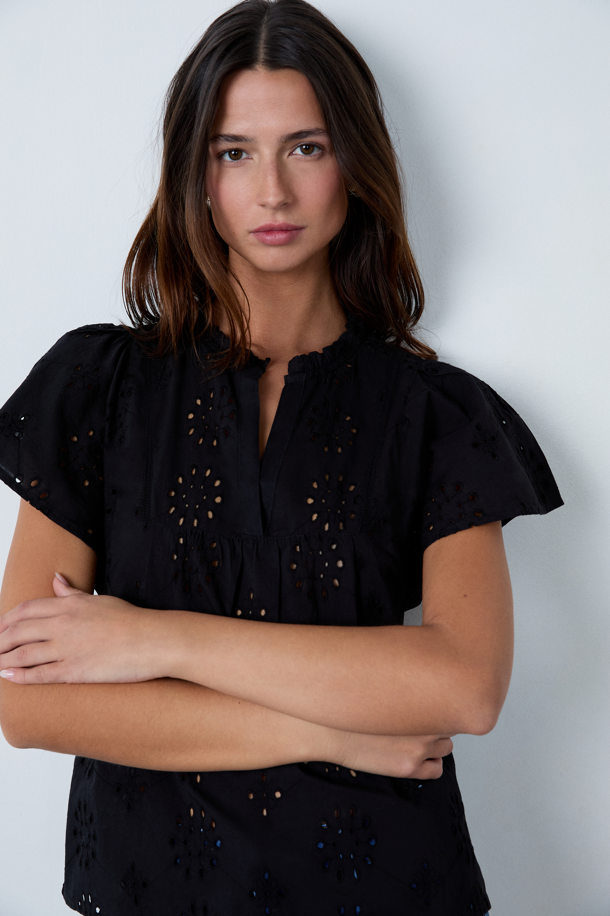 Crop Top Zara Noir évasé Avec Effet Broderie Anglaise - Taille L, 100% Coton - Occasion Très Bon état