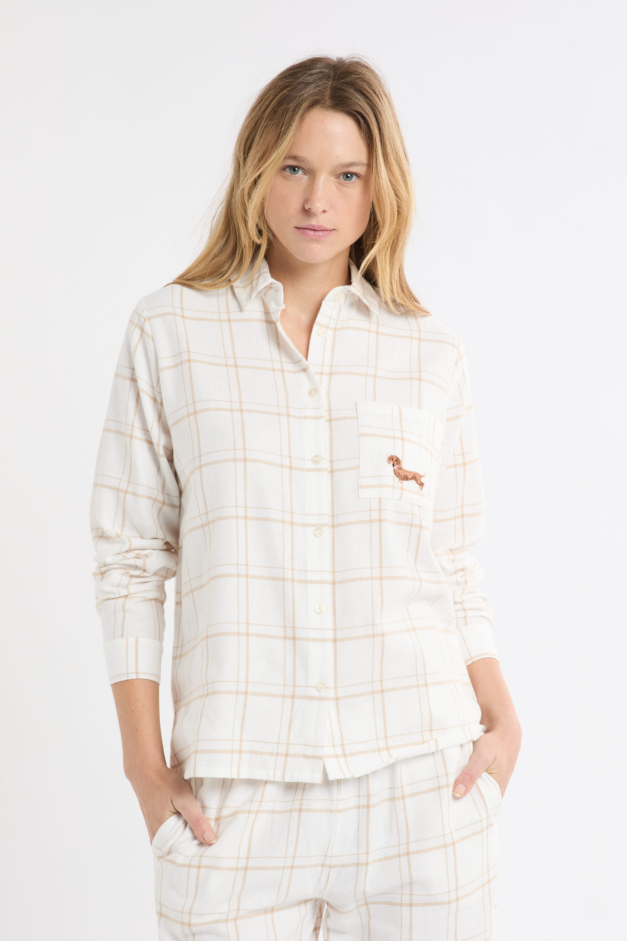 Chemise de pyjama à carreaux avec broderie teckel en coton COTON - ETAM