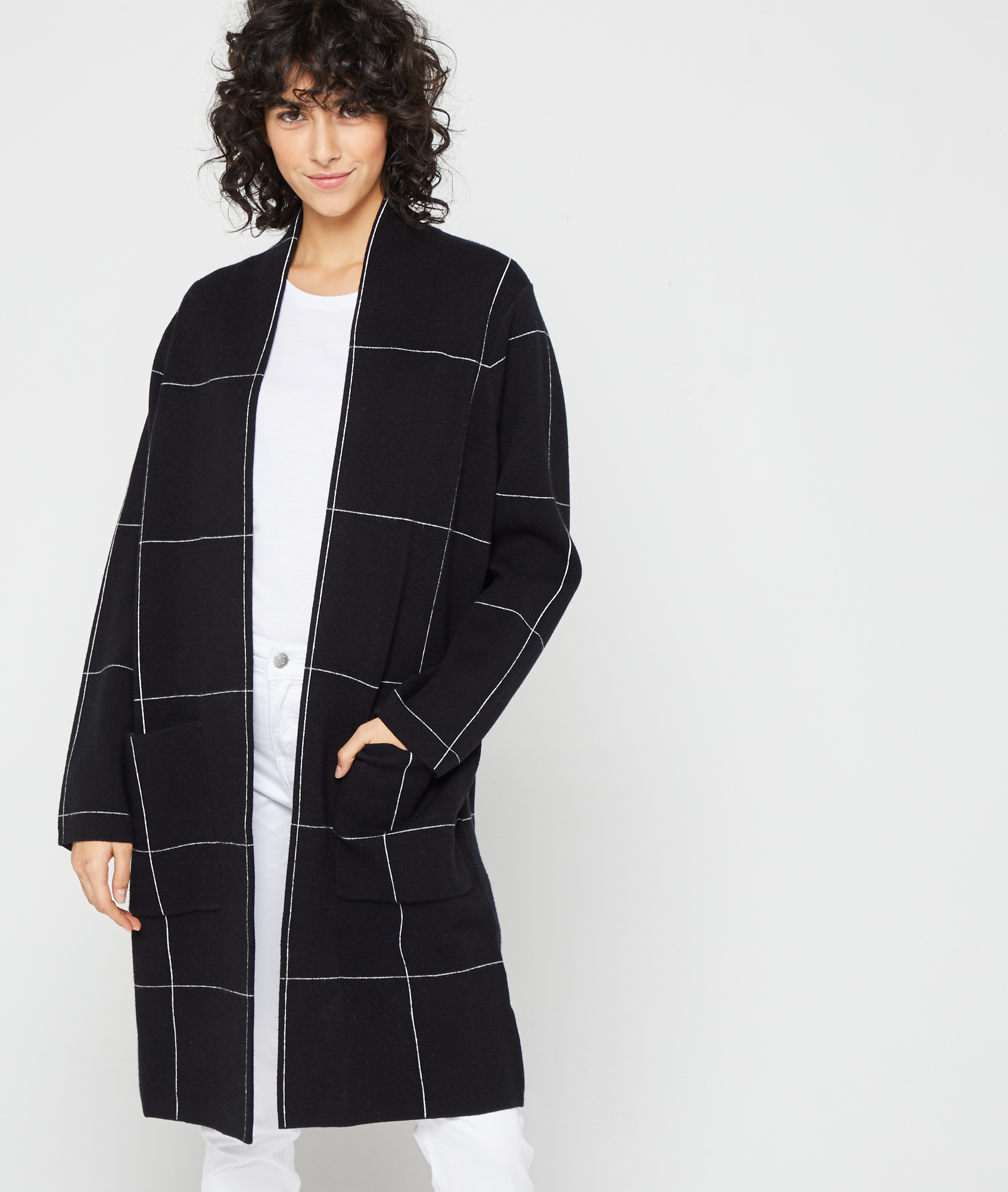 Gilet  long   carreaux  NOIR ETAM